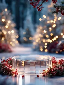 Festive Holiday Display with Illuminated Wreath and Crystal Pedestal