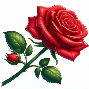Illustrated Red Rose with Bud and Green Leaves