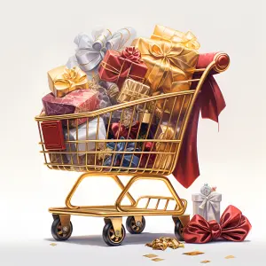 Golden Shopping Cart Filled with Luxurious Wrapped Gifts