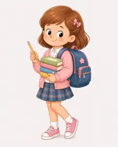 Smiling Schoolgirl with Books and Backpack Holding Pencil