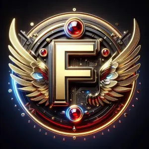 Golden Letter F with Wings and Red Gems on Black Background