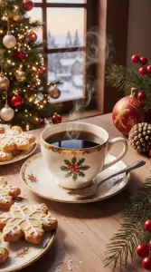 Steaming Coffee and Christmas Cookies by a Decorated Tree