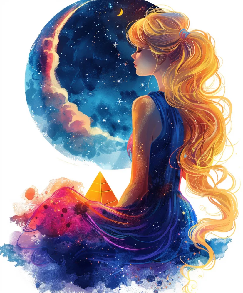 Dreamy Illustration of a Girl Meditating Under a Starry Sky