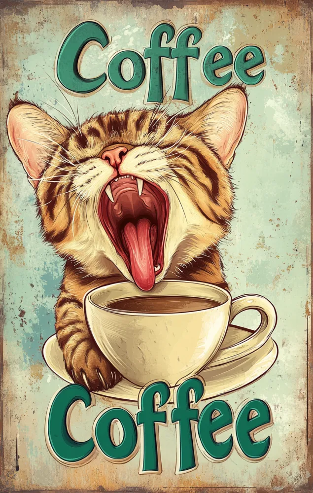 Illustration of Yawning Cat with Coffee Cup and Text