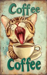 Illustration of Yawning Cat with Coffee Cup and Text