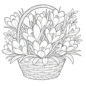 Black and White Illustration of Spring Flowers in Wicker Basket