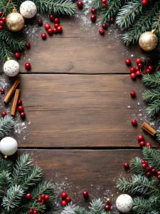 Christmas Border Frame with Pine Branches, Ornaments, and Red Berries on Wood