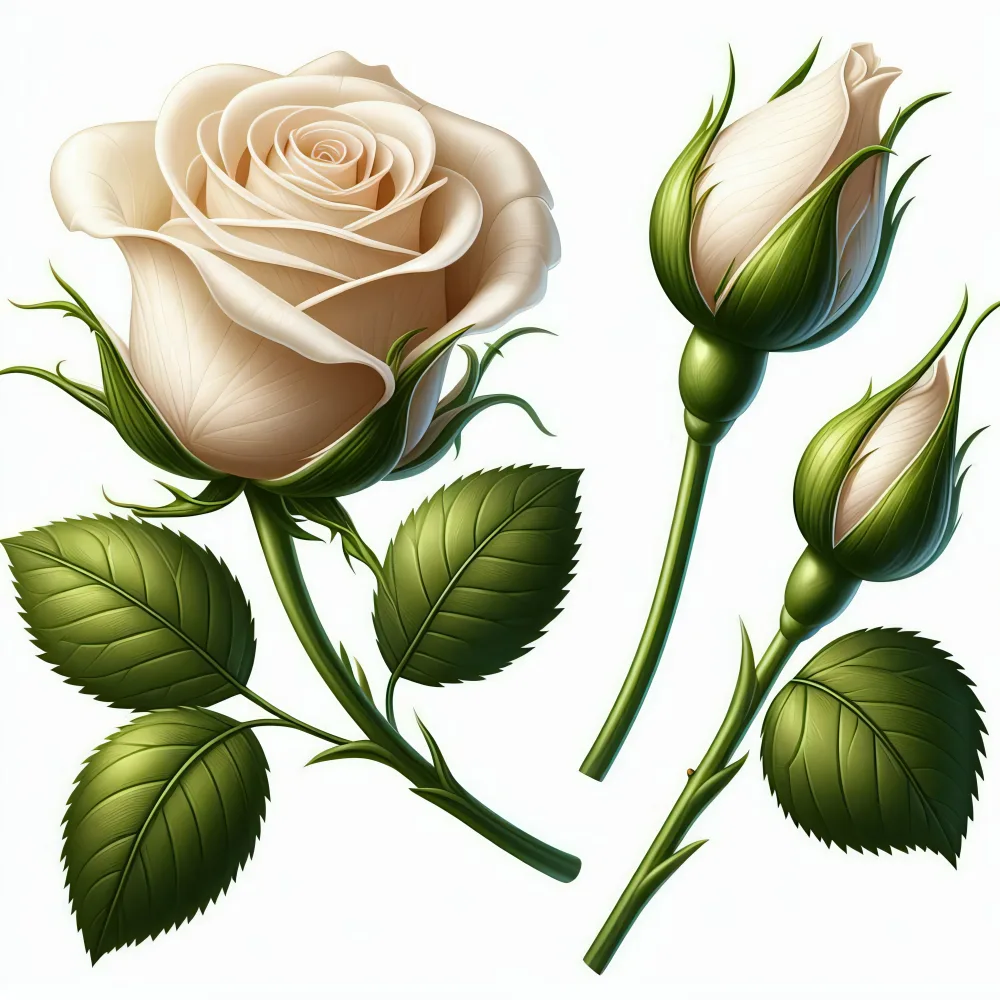 Close-up of White Rose and Rosebuds with Green Leaves