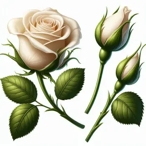 Close-up of White Rose and Rosebuds with Green Leaves