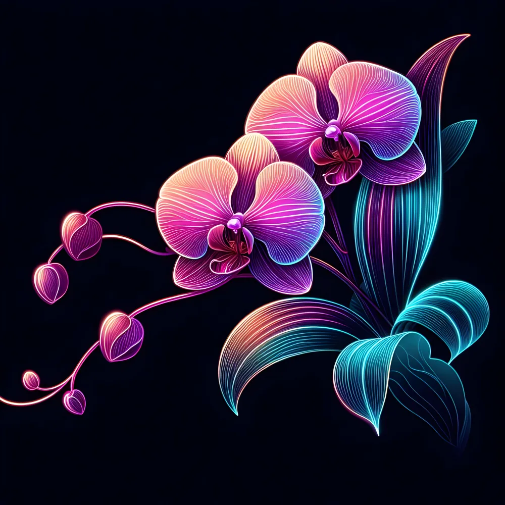 Neon Glowing Orchid Flowers with Blue and Pink Gradient