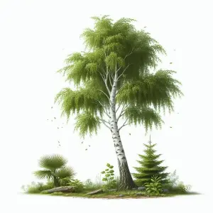 Green Birch Tree with Surrounding Plants on White Background