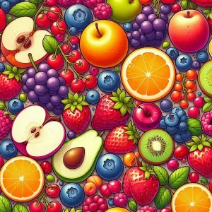 Colorful Mixed Fruit Pattern with Strawberries, Oranges, and Berries