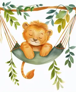 Cute Baby Lion Sleeping on Hammock Surrounded by Leaves