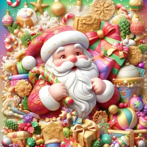 Cheerful Santa Claus Surrounded by Colorful Christmas Decorations and Gifts
