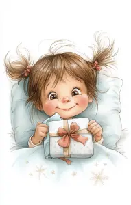 Smiling Little Girl with Pigtails Holding a Gift in Bed
