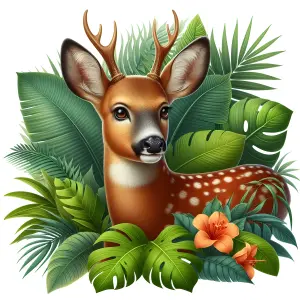 Young Deer Surrounded by Tropical Leaves and Flowers