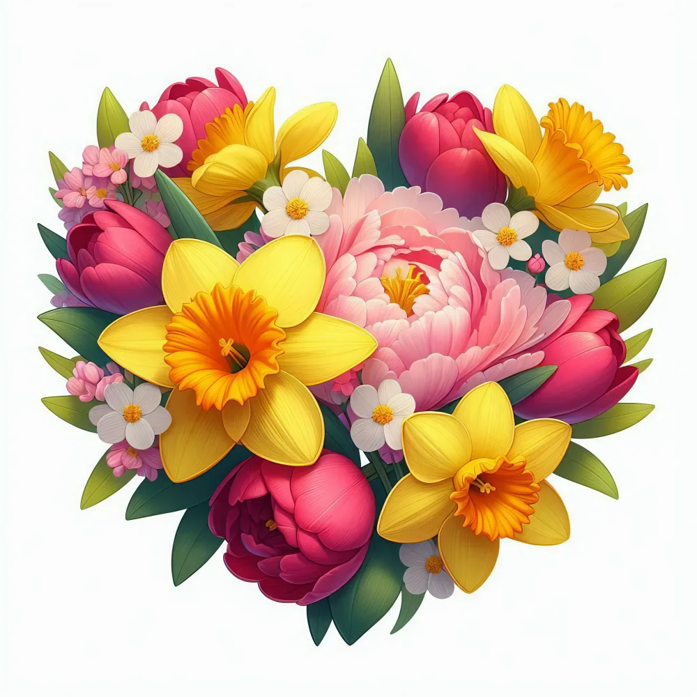 Colorful Bouquet of Daffodils, Peonies, and Tulips