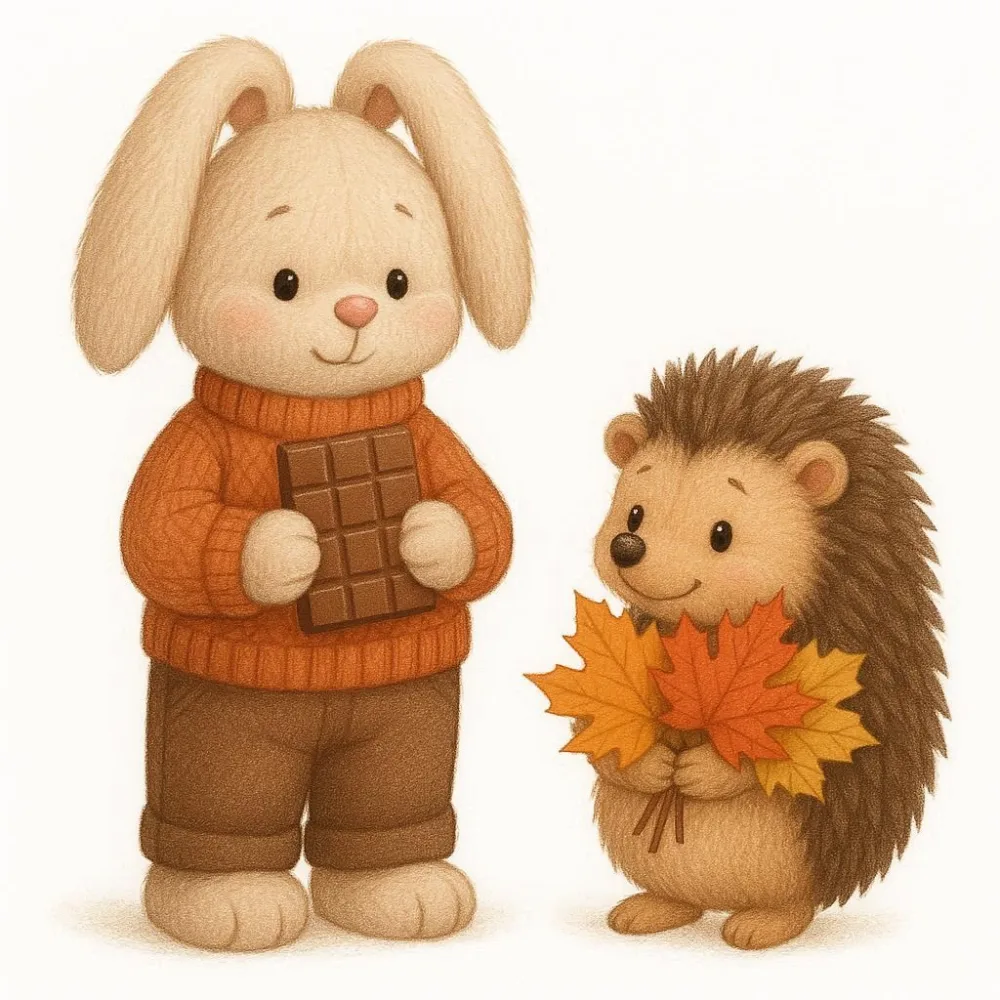 Cute Bunny and Hedgehog with Chocolate and Autumn Leaves Illustration