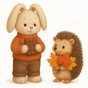 Cute Bunny and Hedgehog with Chocolate and Autumn Leaves Illustration