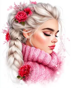 Portrait of a Blonde Woman with Braided Hair and Pink Flowers