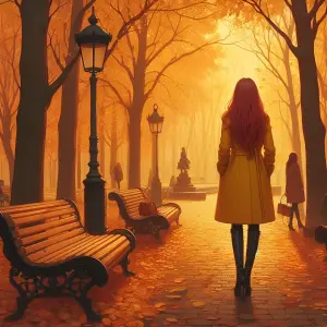 Woman in Yellow Coat Walking in Autumn Park at Sunset