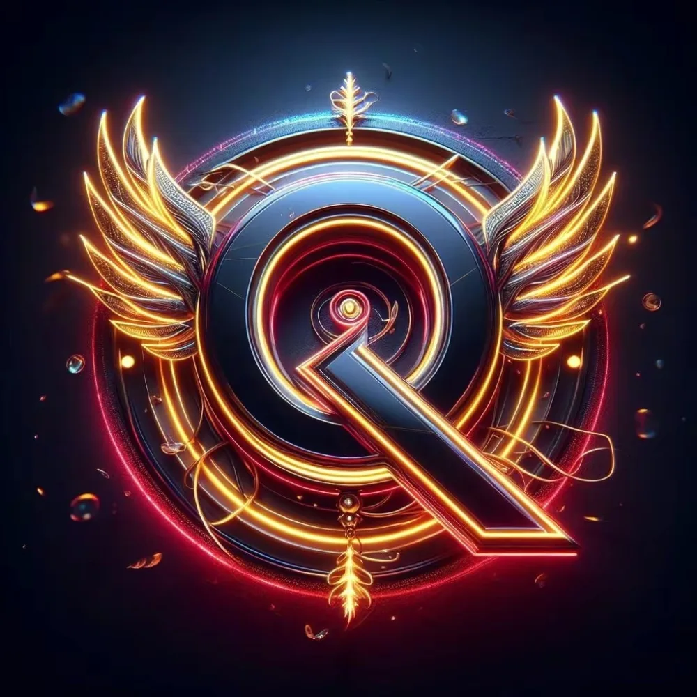 Glowing Neon Letter Q with Wings and Feather Ornament