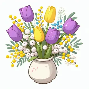 Illustration of Purple and Yellow Tulips in White Vase