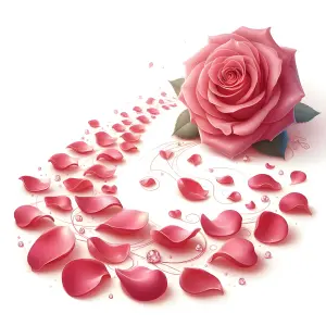 Pink Rose with Scattered Petals and Dew Drops on White Background