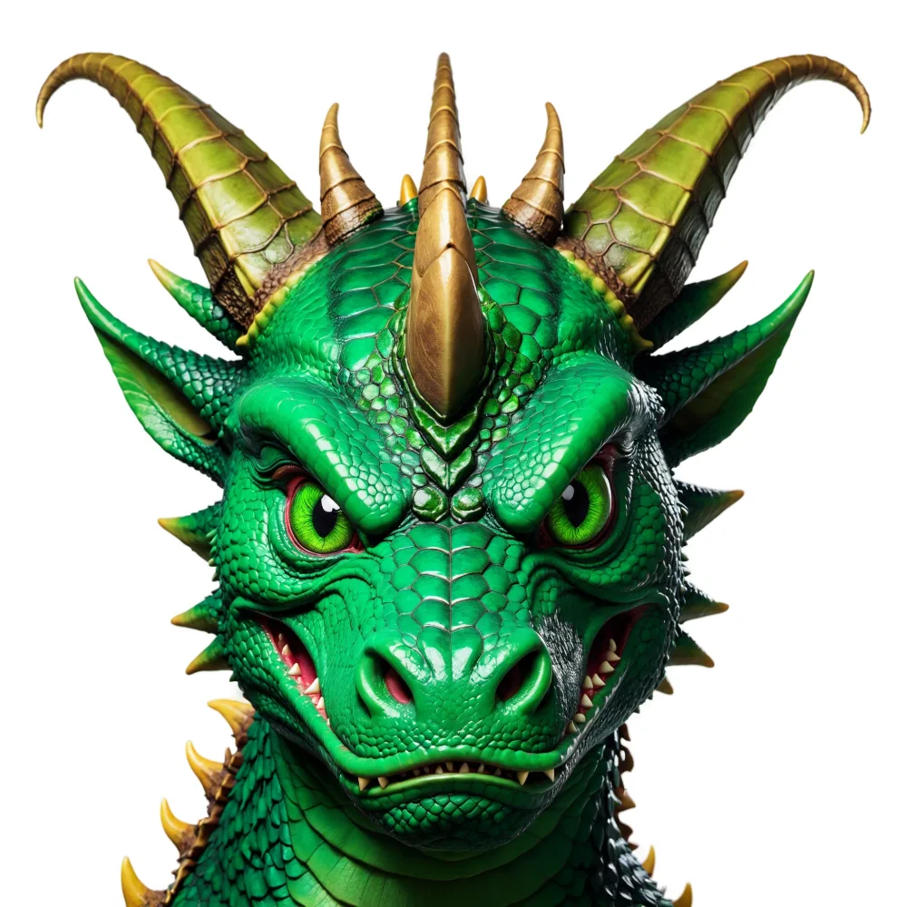 Close-up of a Fierce Green Dragon Head with Golden Horns