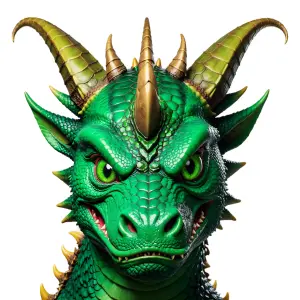 Close-up of a Fierce Green Dragon Head with Golden Horns