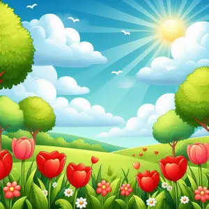 Sunny Spring Landscape with Red Tulips and Green Trees