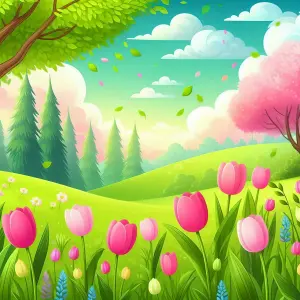Bright Spring Landscape with Colorful Tulips and Lush Green Hills