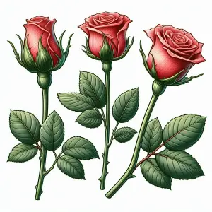 Three Detailed Red Rose Buds with Green Leaves Illustration