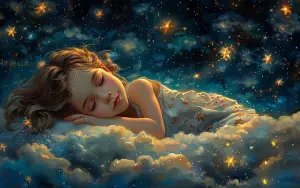 Sleeping Child Surrounded by Dreamlike Starry Clouds