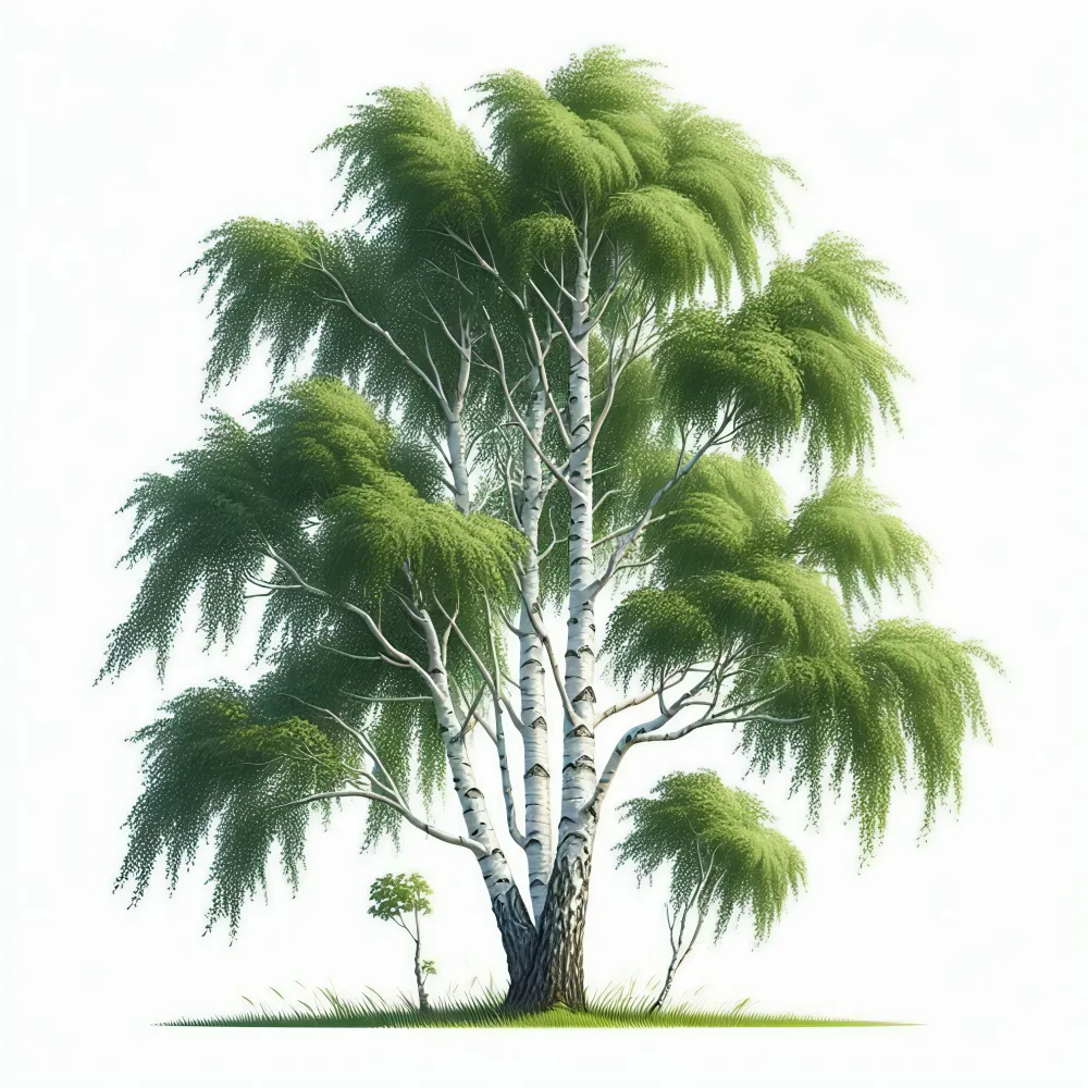 Illustration of a White Birch Tree with Green Leaves