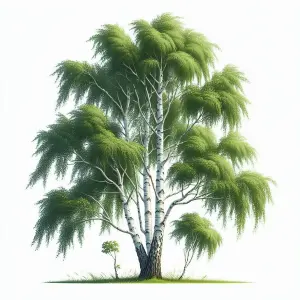 Illustration of a White Birch Tree with Green Leaves
