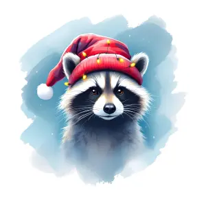 Raccoon Wearing Christmas Hat with Holiday Lights Digital Painting