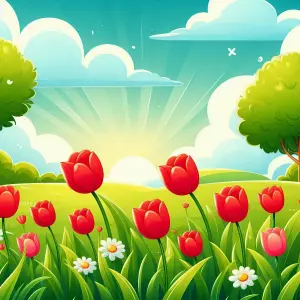 Sunrise Over a Field of Red Tulips and Daisies