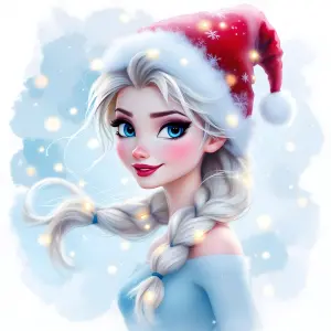 Winter Holiday Portrait of a Girl in Santa Hat with Blue Eyes and Braided Hair