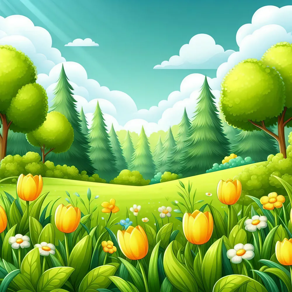 Bright Spring Meadow with Yellow Tulips and Pine Trees