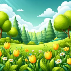 Bright Spring Meadow with Yellow Tulips and Pine Trees