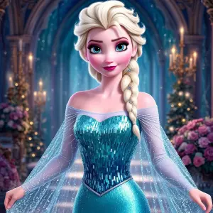 3D Render of a Woman in Sparkling Blue Gown with Braid