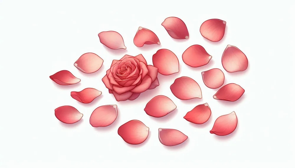 Red Rose with Scattered Rose Petals on White Background