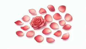 Red Rose with Scattered Rose Petals on White Background