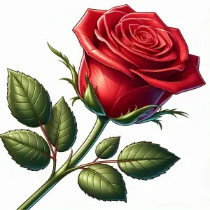 Detailed Illustration of a Red Rose with Green Leaves