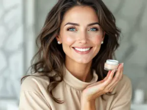 Smiling Woman Holding Facial Cream Jar