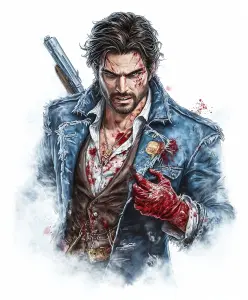 Detailed Illustration of a Bloodied Man with Revolver and Blue Jacket