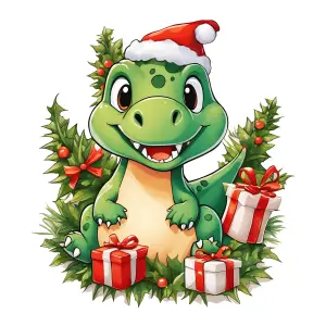Cute Dinosaur with Santa Hat and Christmas Gifts