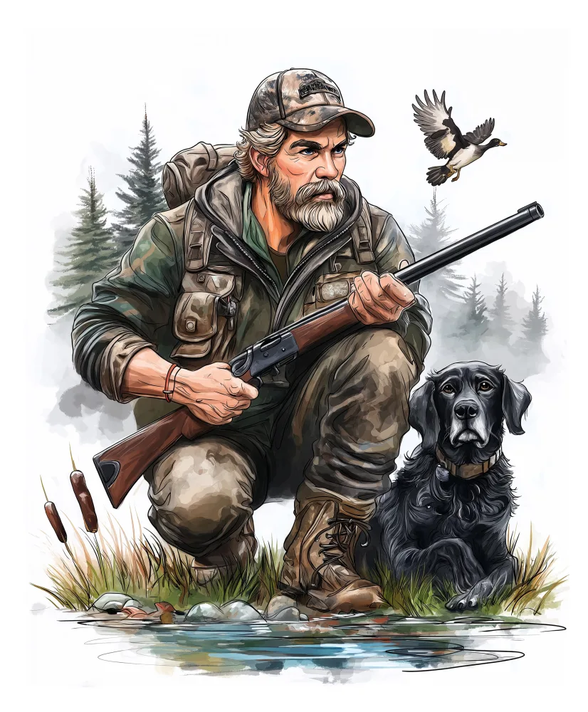 Hunting Man with Dog by a Forest Pond
