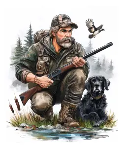 Hunting Man with Dog by a Forest Pond
